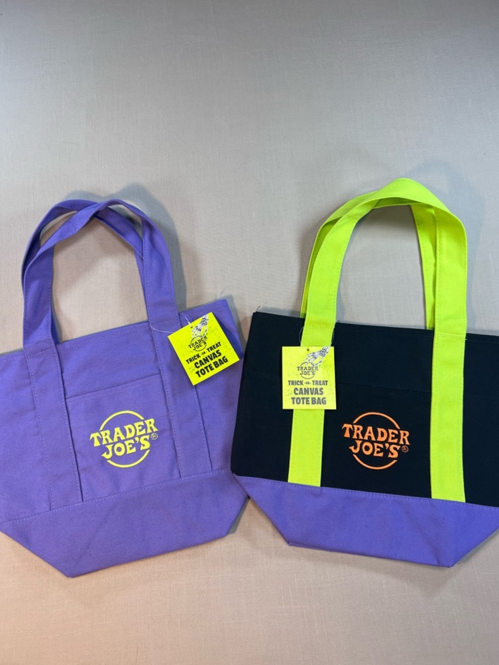 Trader Joe’s Mini Canvas Tote Bag Set of 2 Halloween NWT Black Purple